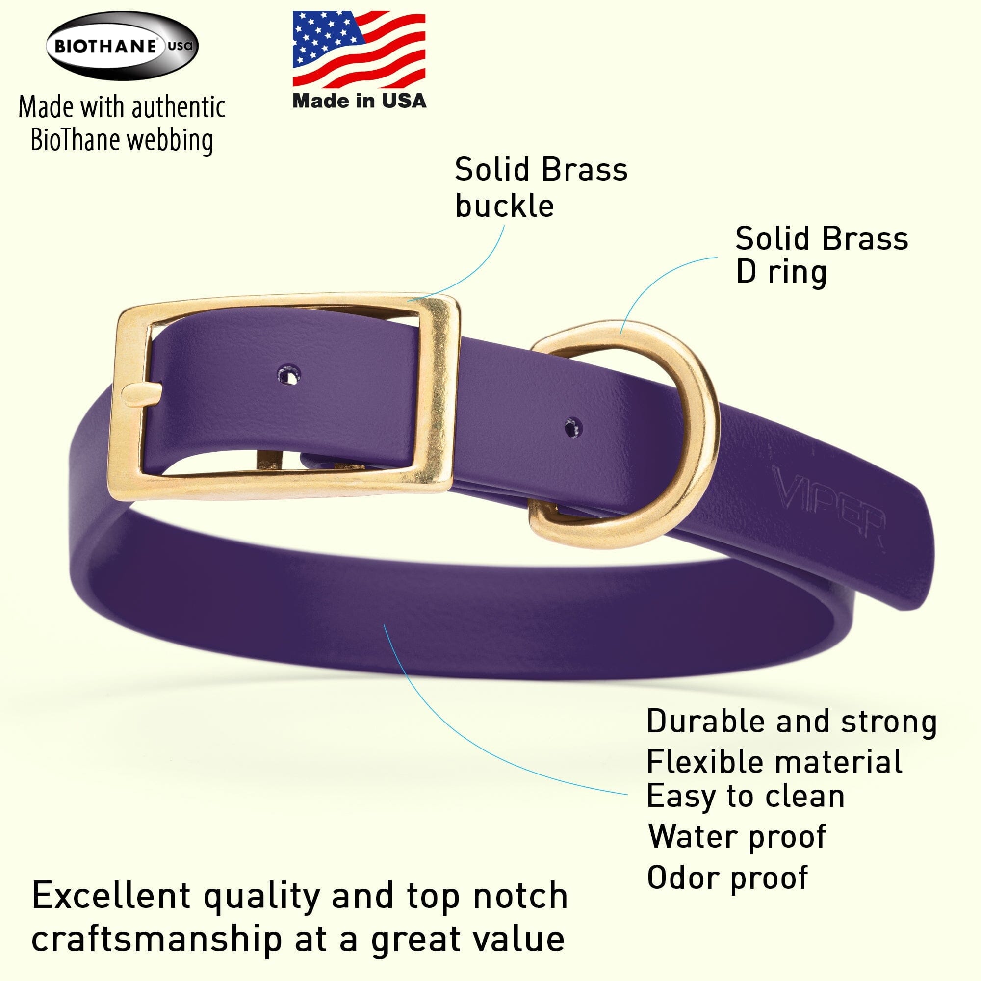 Brass: LARGE (18-22"long, 1"wide) Biothane Collar