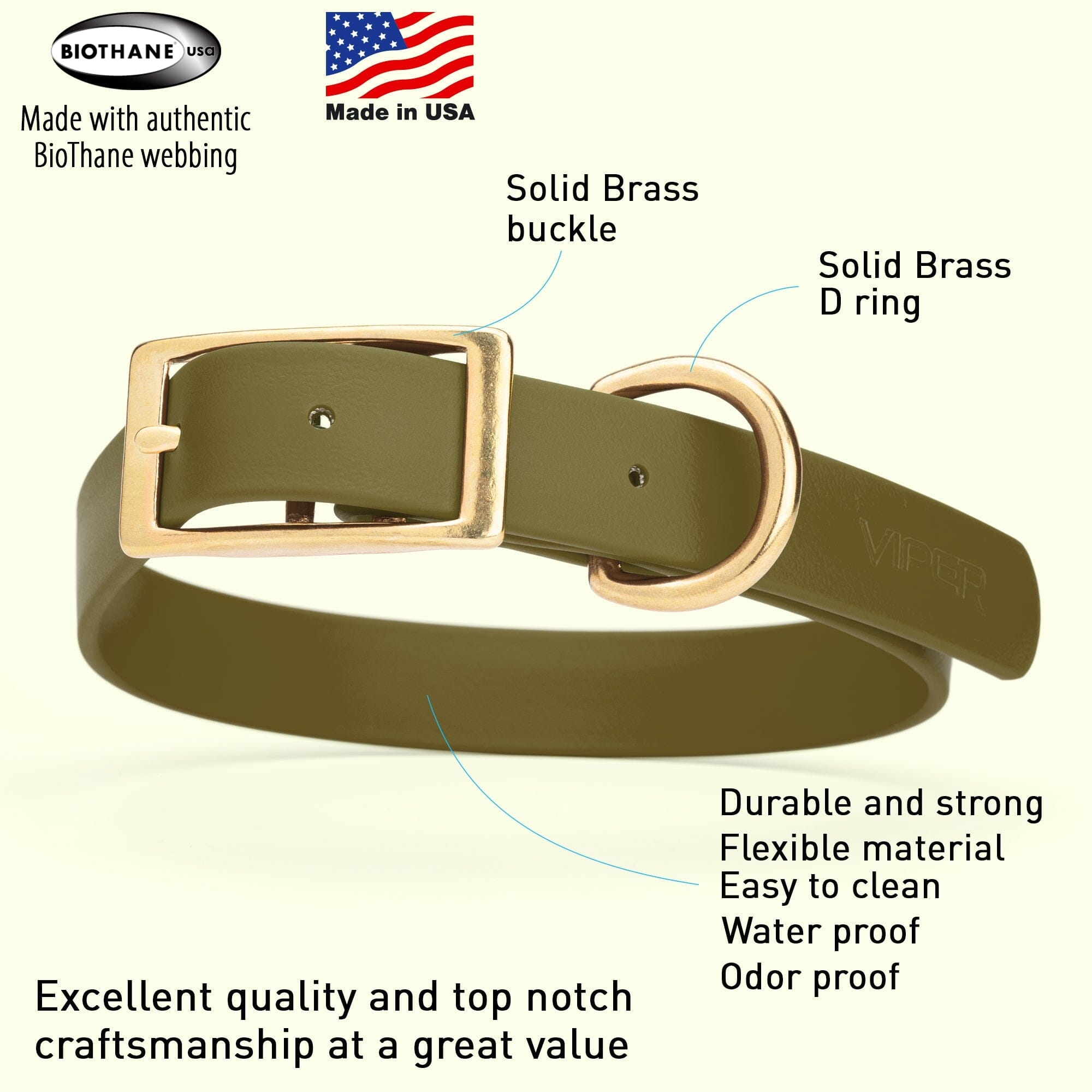 Brass: XL (22-25"long, 1"wide) Biothane Collar