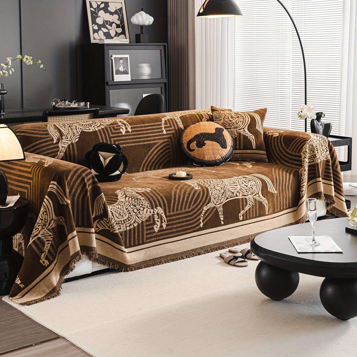 Luxurious Chenille Horse Design Sofa Cover Decor in Orange & Green
