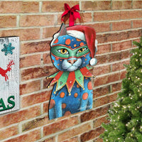 Modern Jester Christmas Cat Wood Door Hanger