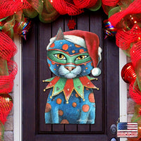 Modern Jester Christmas Cat Wood Door Hanger