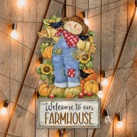 Welcome to Our Farmhouse Fall Wood Door Sign: Scarecrow-Pumpkins-Birds