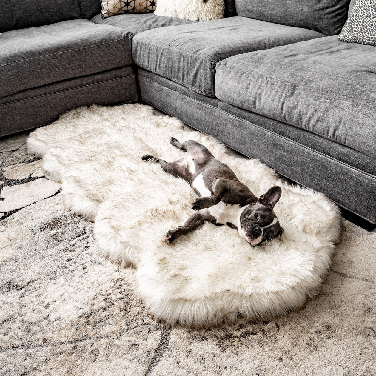 PupRug® Runner Faux Fur Memory Foam Dog Bed: Curve White with Brown Accents