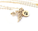 Pearl, Angel Wing & Paw Print Pet Memorial Necklace