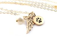 Pearl, Angel Wing & Paw Print Pet Memorial Necklace