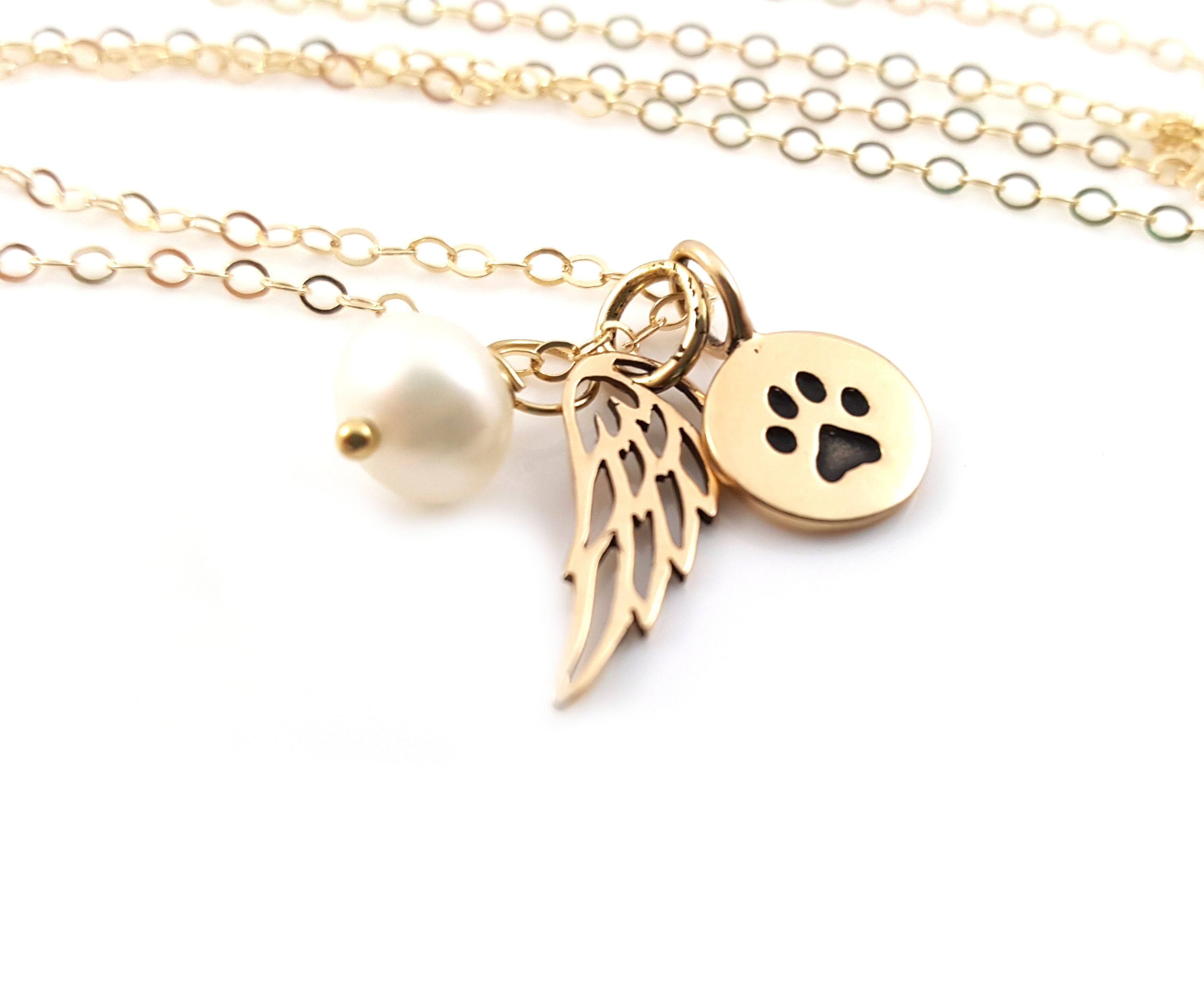 Pearl, Angel Wing & Paw Print Pet Memorial Necklace