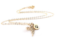 Pearl, Angel Wing & Paw Print Pet Memorial Necklace