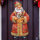 St Nick, Kitten & Puppy Wood Door Art-Christmas Holiday Porch Decor surrounded by red and green holiday decorations.