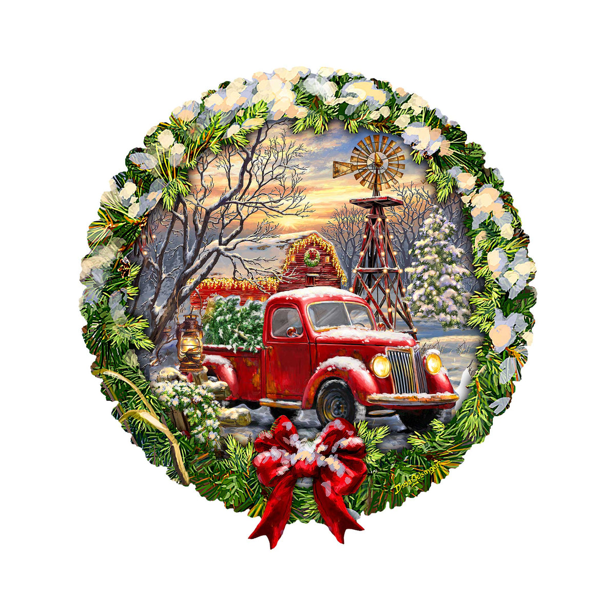 Vintage Farm & Old-Time Red Truck Holiday Door Hanger