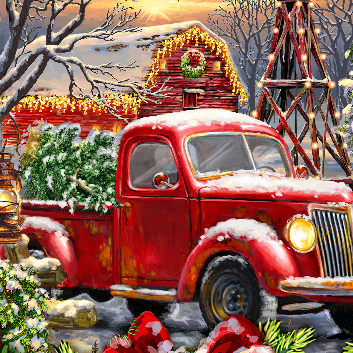 Vintage Farm & Old-Time Red Truck Holiday Door Hanger