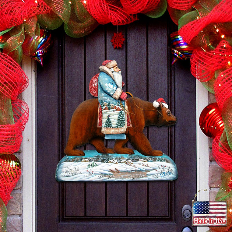 Folk Art Santa & Bear Wood Door Hanger