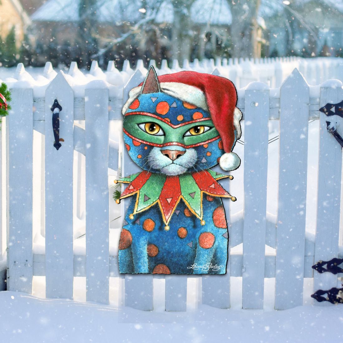 Modern Jester Christmas Cat Wood Door Hanger