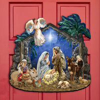 traditional nativity scene with animals on a red door