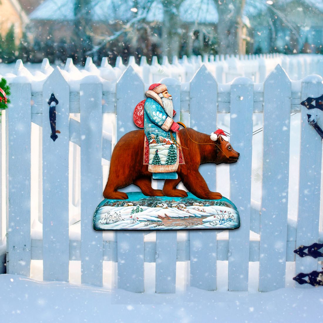Folk Art Santa & Bear Wood Door Hanger