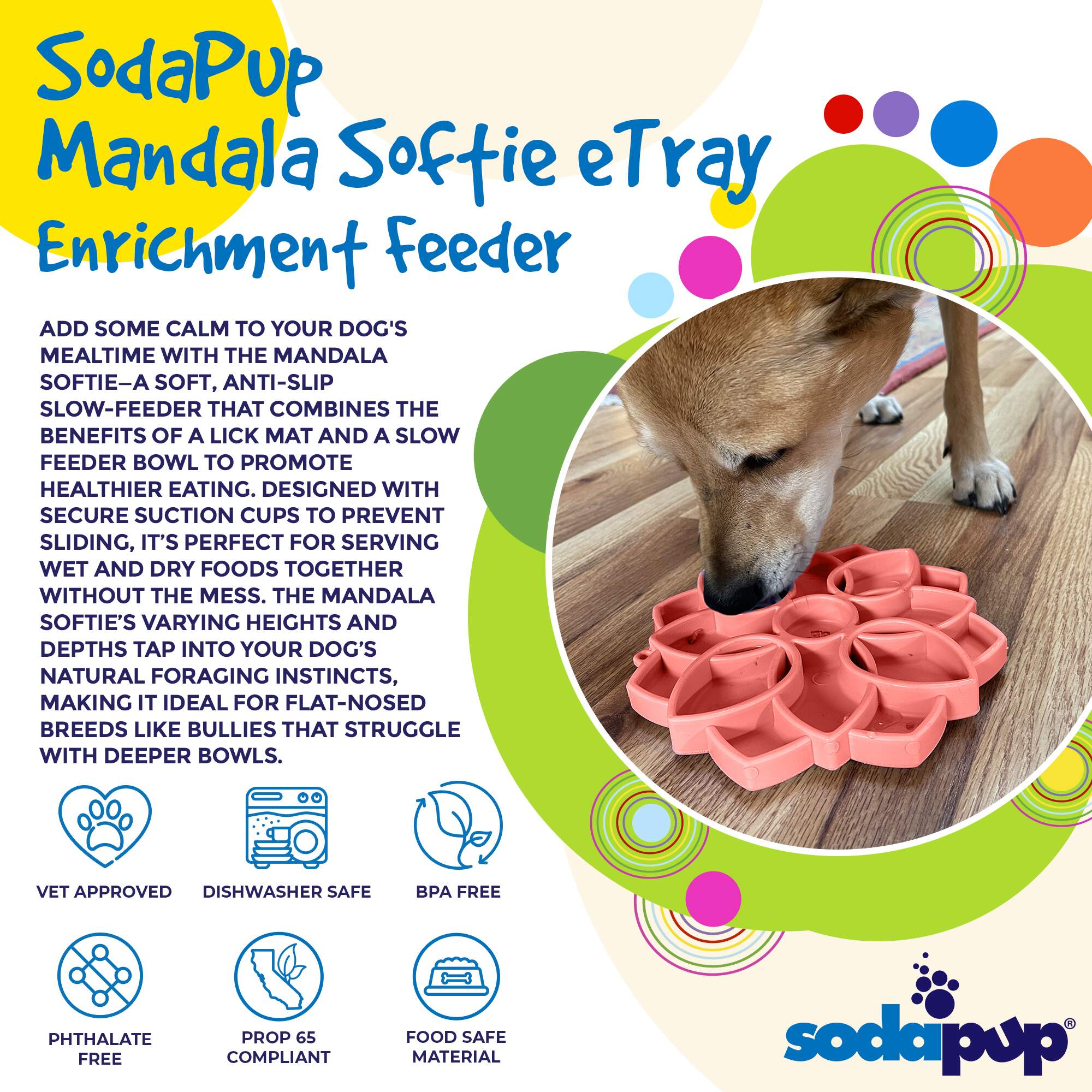 Mandala SOFT Slow Feeder Dog Bowl for Enrichment - 8" diameter x 1" deep