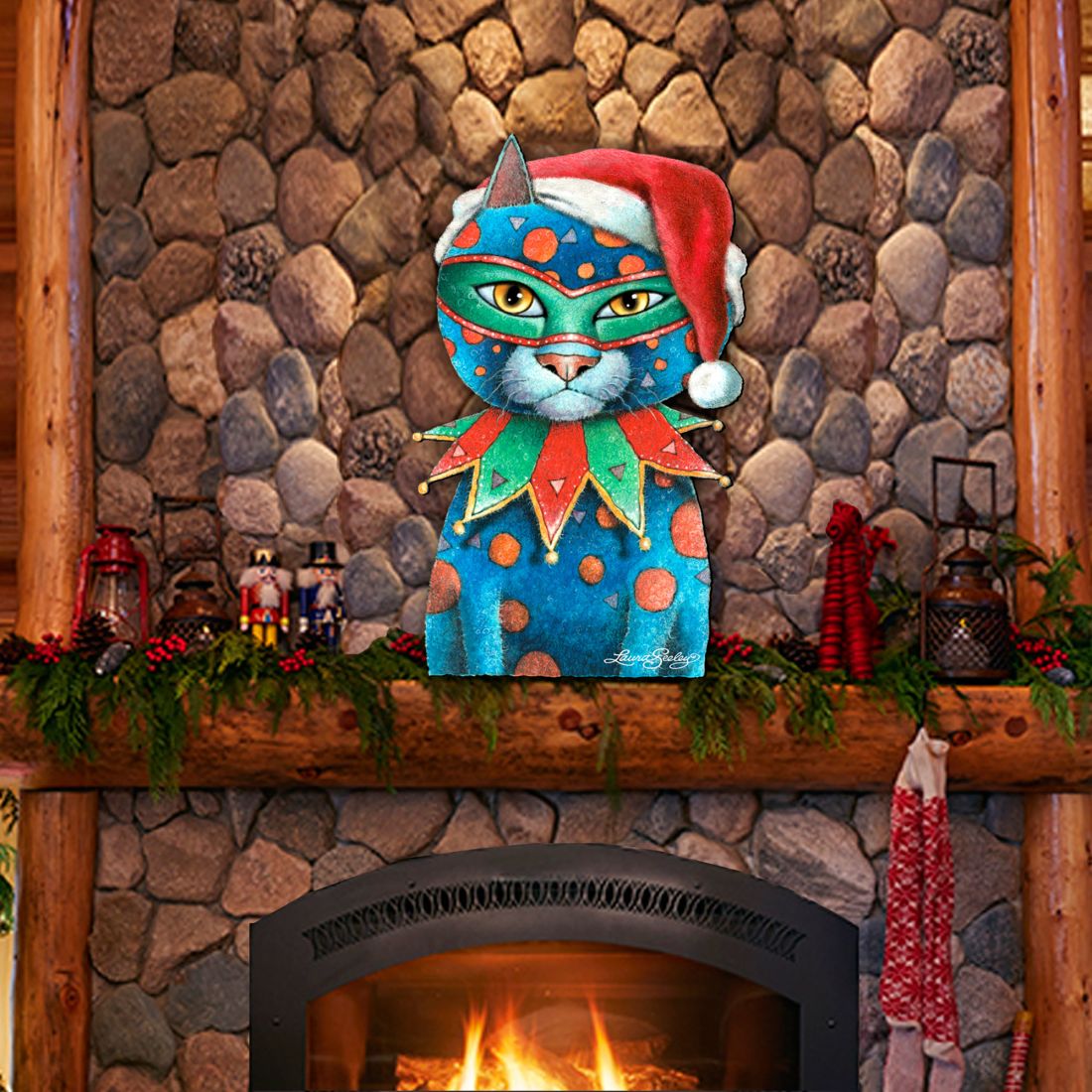 Modern Jester Christmas Cat Wood Door Hanger