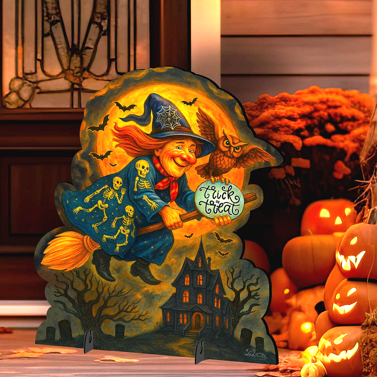 Trick or Treat Flying Witch Freestanding Outdoor Wood Sign