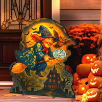 A Halloween-themed decorative sign featuring a witch riding a broomstick with a haunted house, bats, and a moon with the words 'Trick or Treat' in front of a porch with lit pumpkins and warm ambient lighting.
