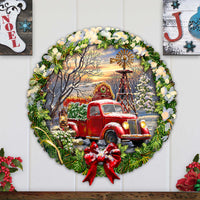 Vintage Farm & Old-Time Red Truck Holiday Door Hanger