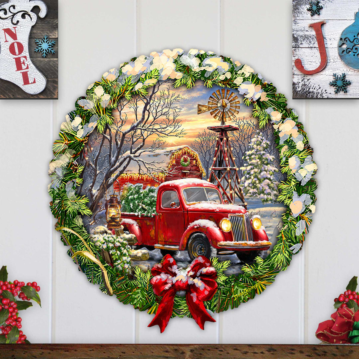 Vintage Farm & Old-Time Red Truck Holiday Door Hanger