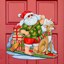 Paddleboarding Santa with a reindeer and presents front door welcome sign