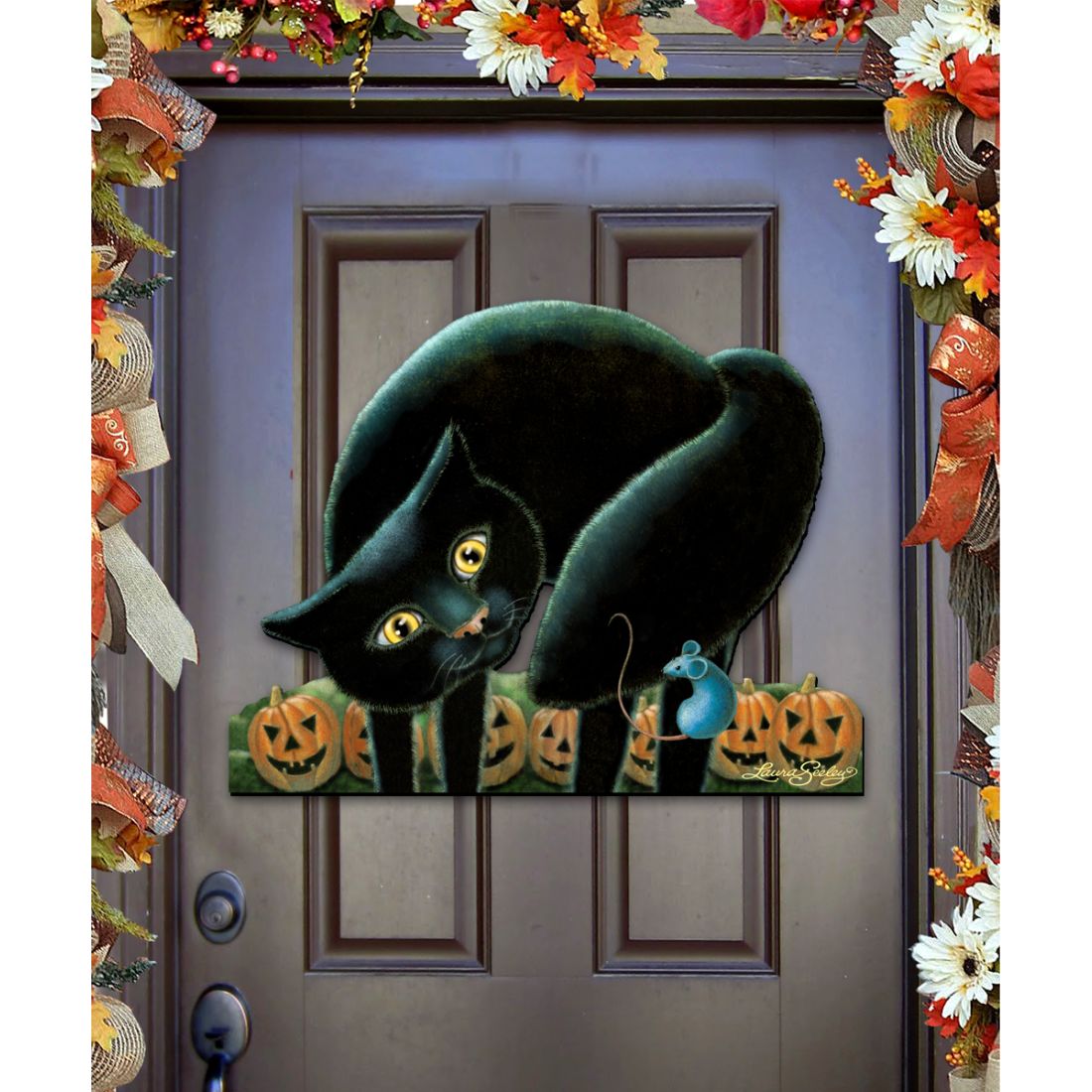 Black Cat Halloween Wood Door Art