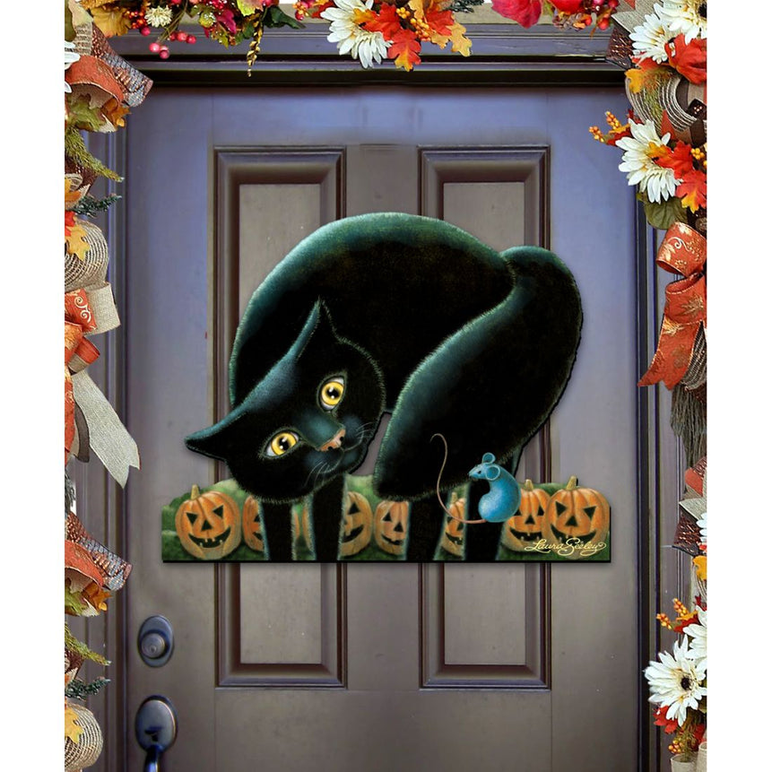 Black Cat Halloween Wood Door Art