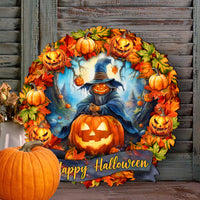 Halloween-themed wreath with pumpkins and a witch, featuring 'Happy Halloween' text, on a wooden background.