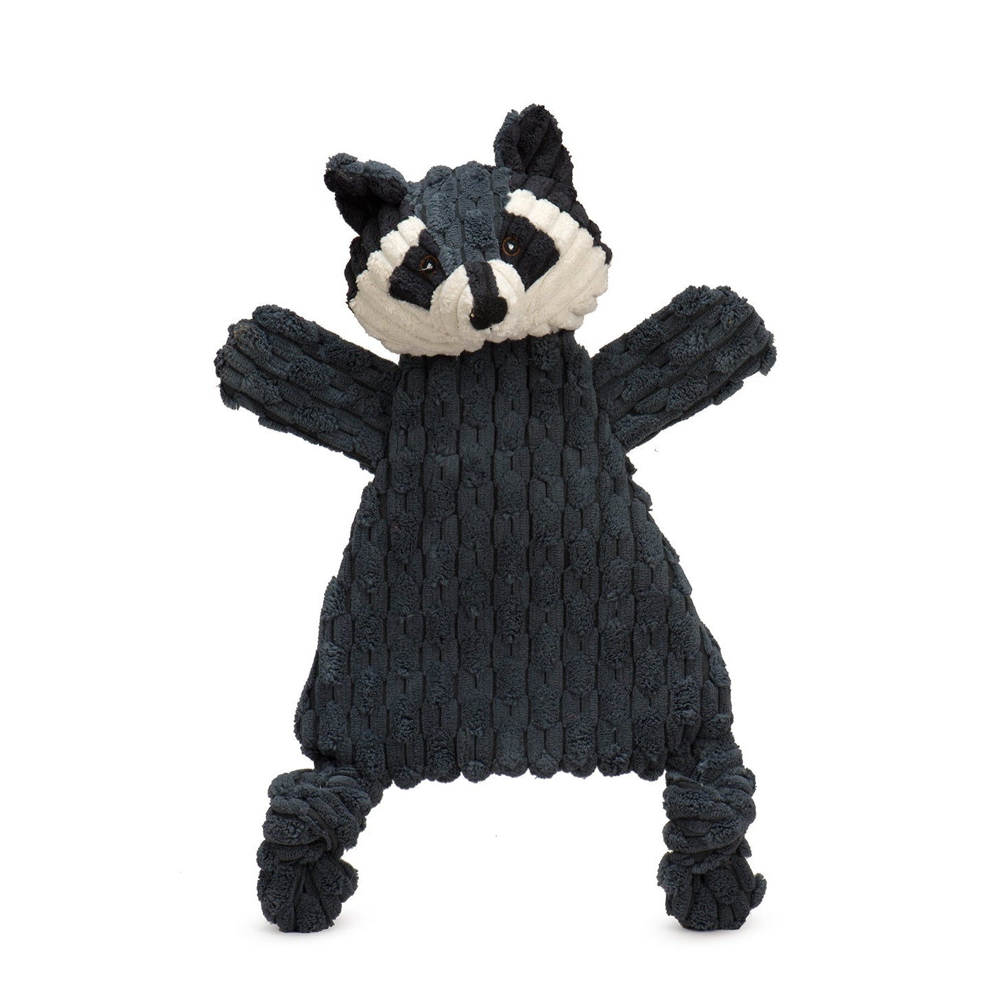 Knitted raccoon toy on a white background