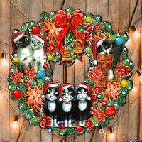Cat Lovers Decorative Christmas wreath with cats on a wooden background