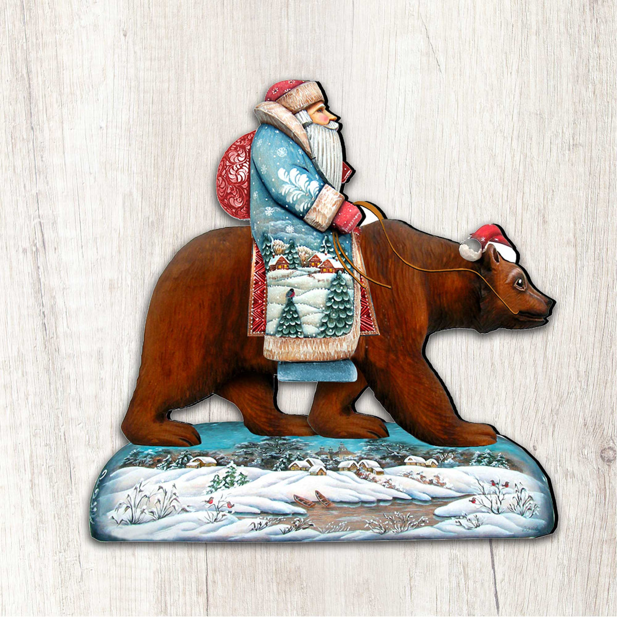 Folk Art Santa & Bear Wood Door Hanger