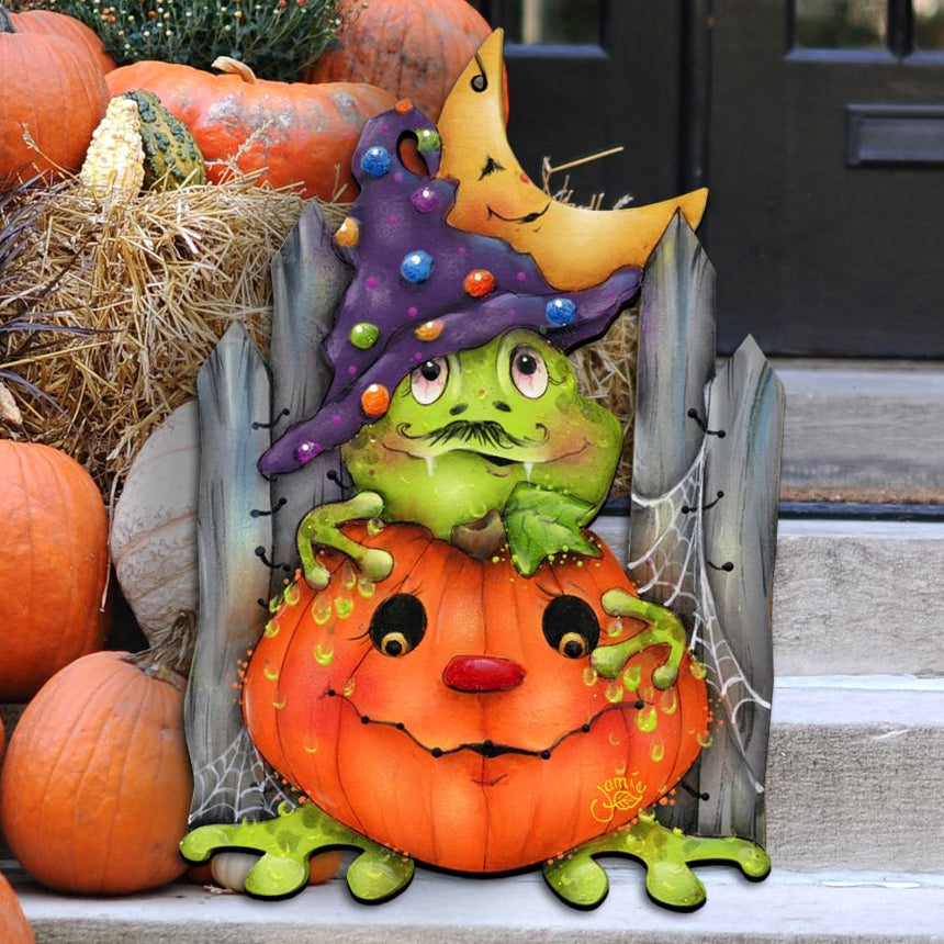 Cute Witch Frog & Jack 'o Lantern Halloween Door Decor