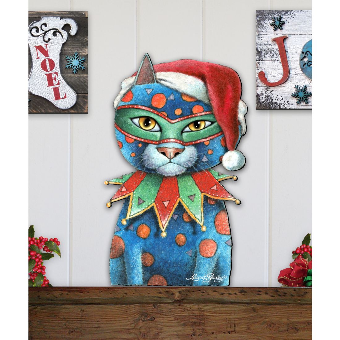Modern Jester Christmas Cat Wood Door Hanger