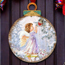 Child angel with feather wings, cardinal bird and birdhouse ornament shaped door hanger.