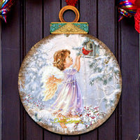 Child angel with feather wings, cardinal bird and birdhouse ornament shaped door hanger.
