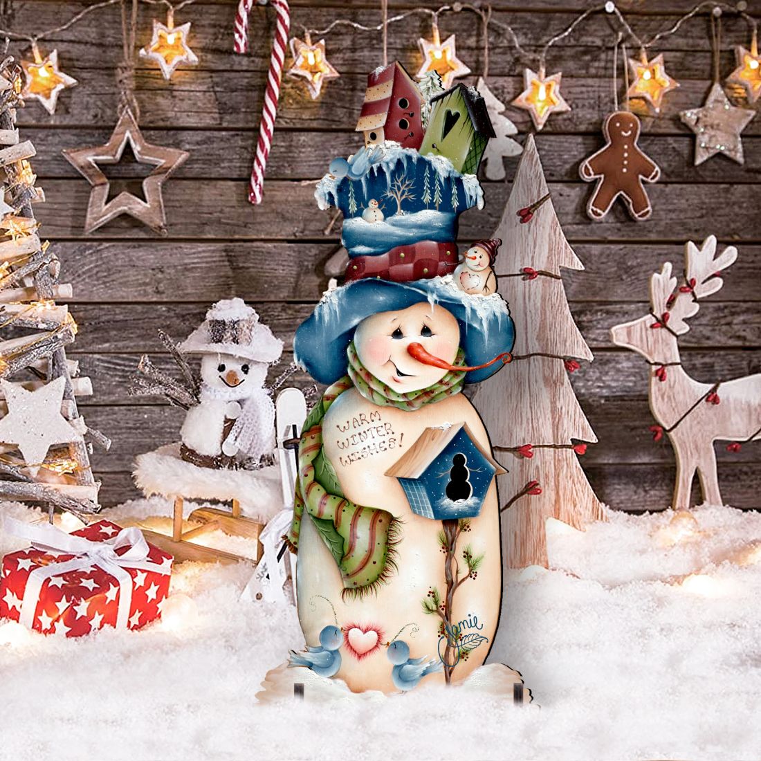 Blue & White Birdhouse Snowman Winter Outdoor Decor