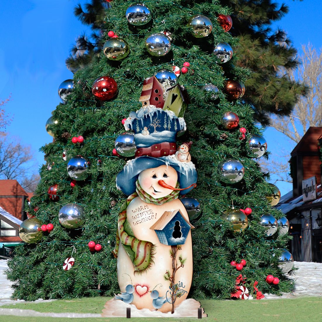 Blue & White Birdhouse Snowman Winter Outdoor Decor