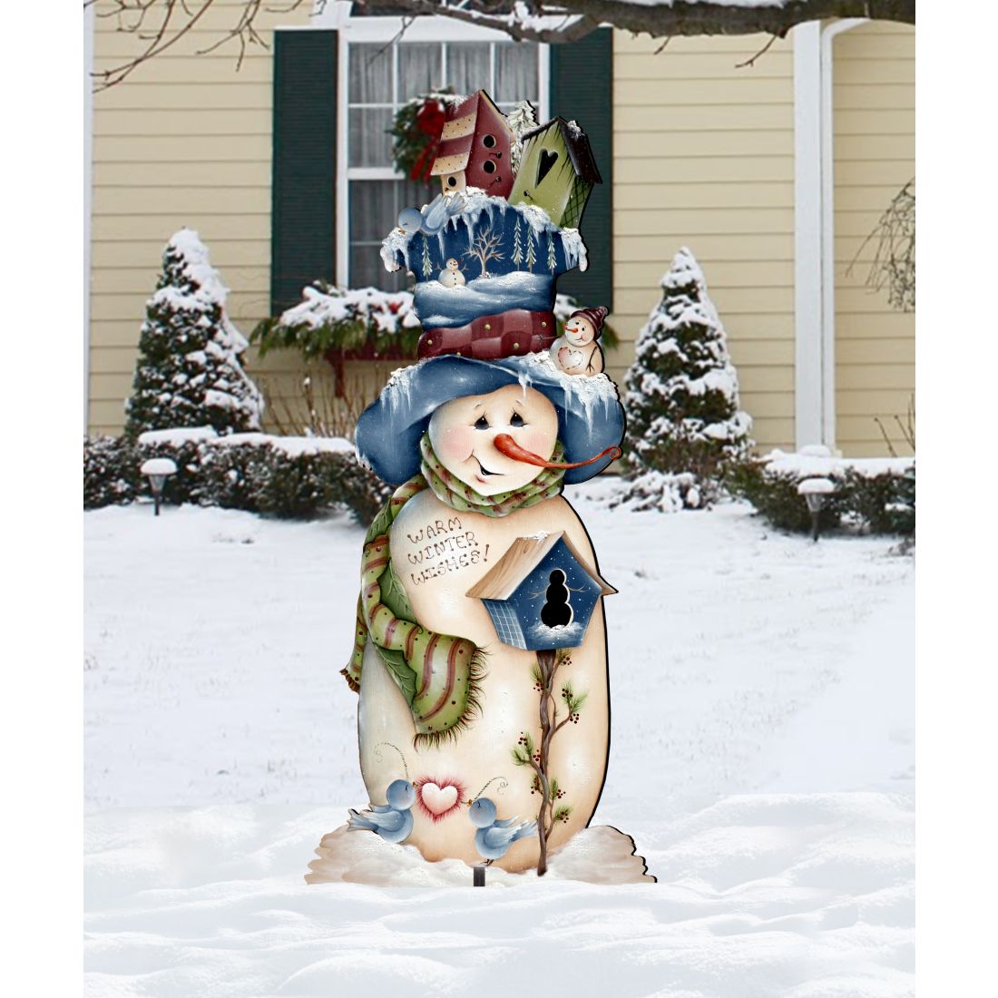 Blue & White Birdhouse Snowman Winter Outdoor Decor