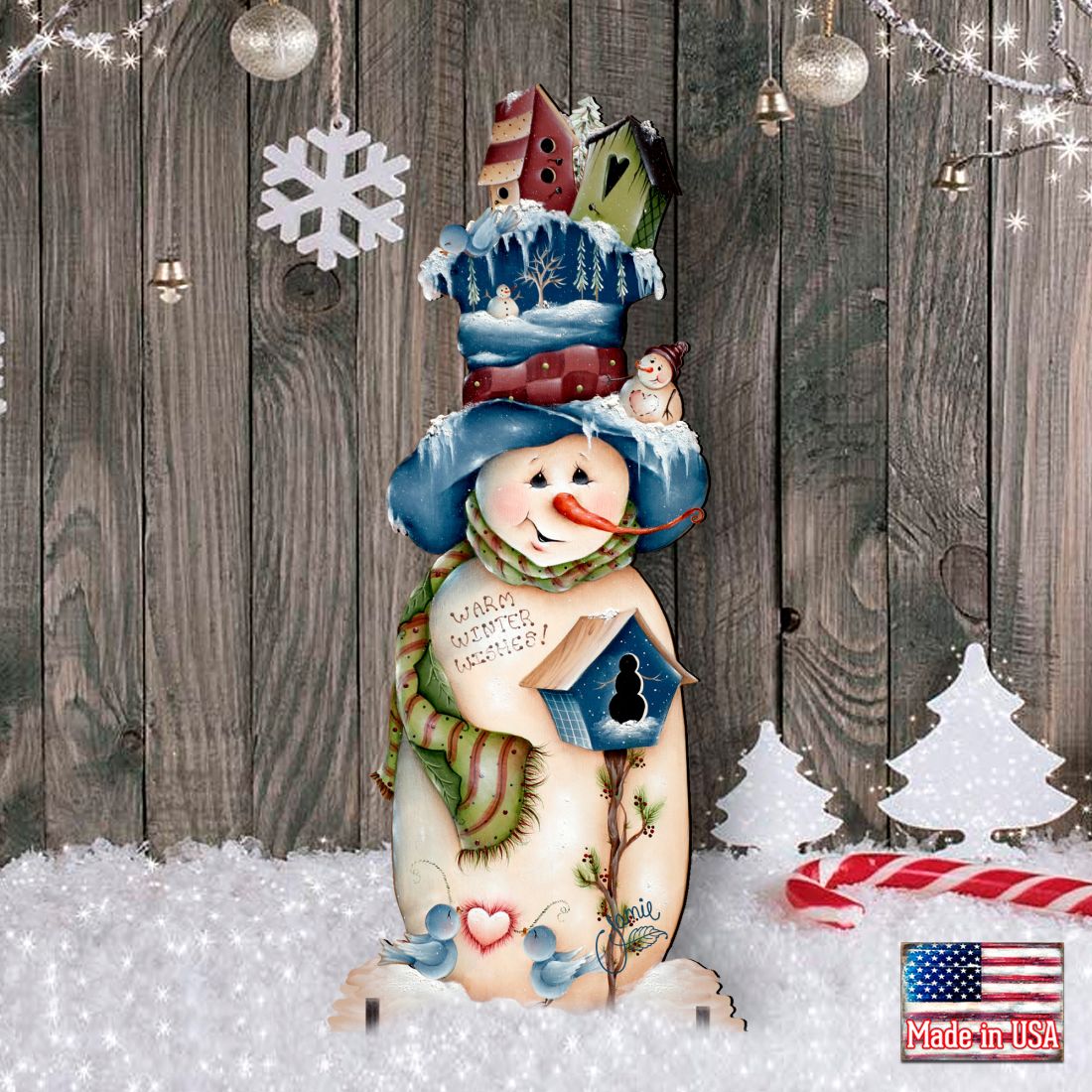 Blue & White Birdhouse Snowman Winter Outdoor Decor