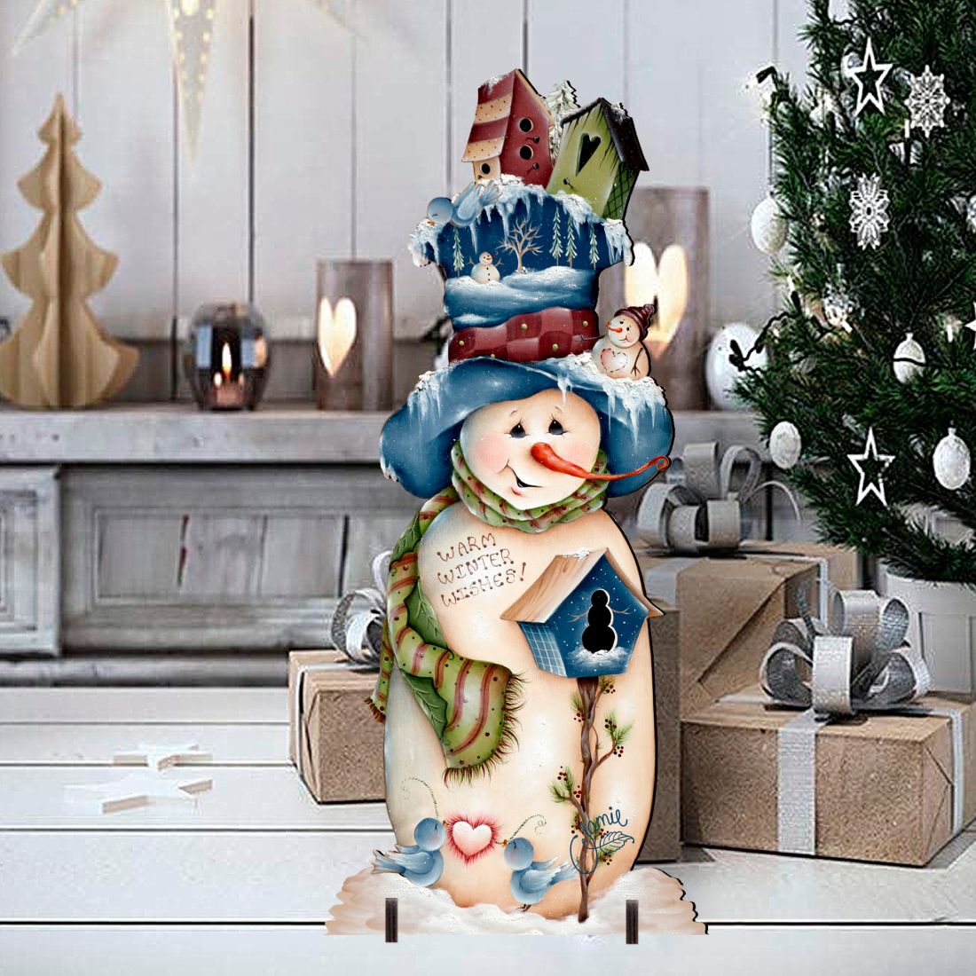 Blue & White Birdhouse Snowman Winter Outdoor Decor