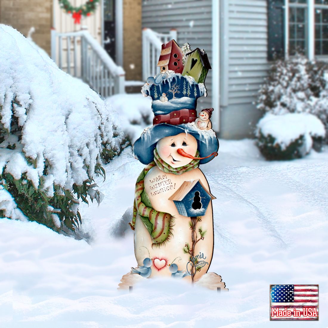 Blue & White Birdhouse Snowman Winter Outdoor Decor