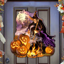 Decorative Halloween door sign with a witch, cauldron, spell and pumpkins on a door.