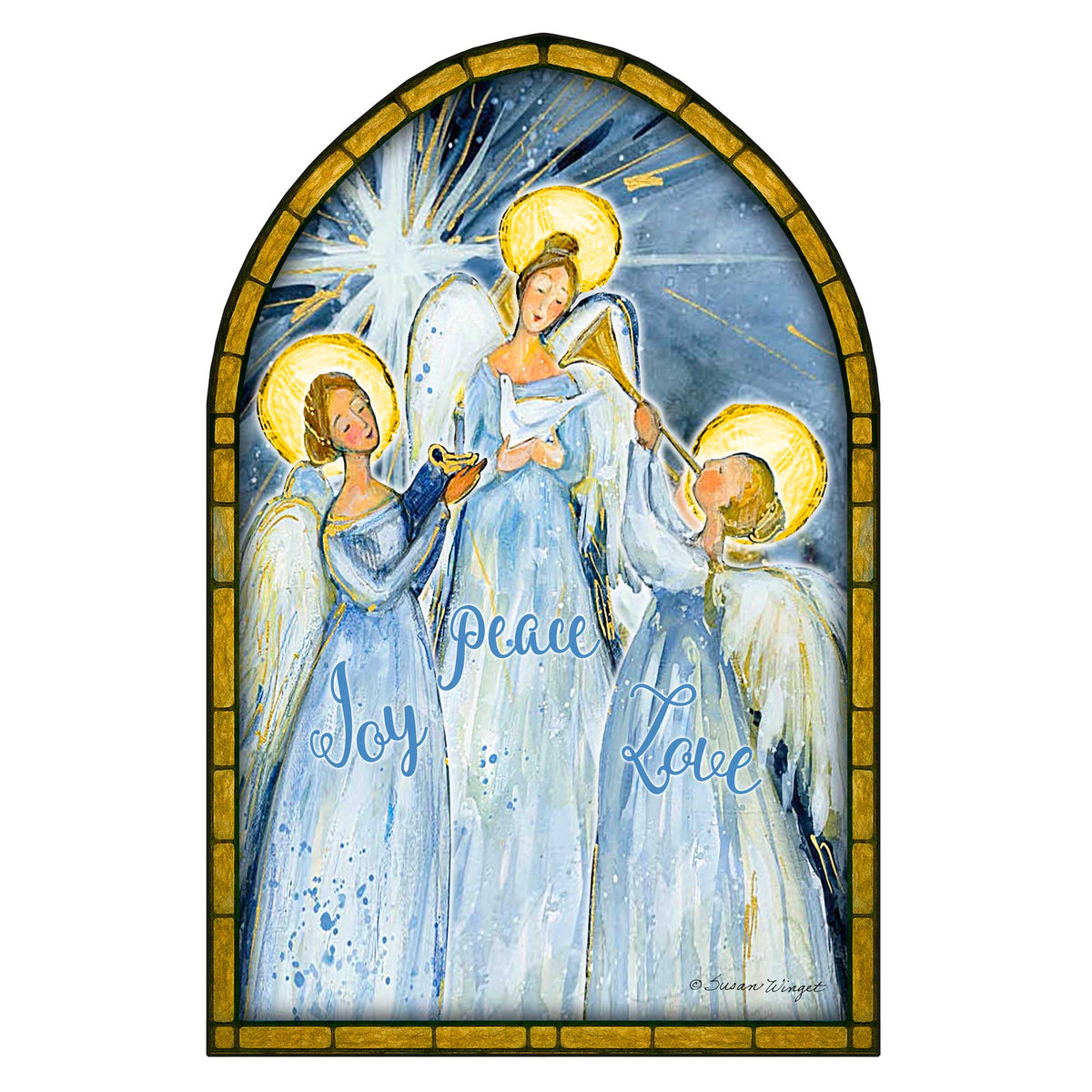 Joy, Peace & Love Angels Stained Glass Wood Door Hanger