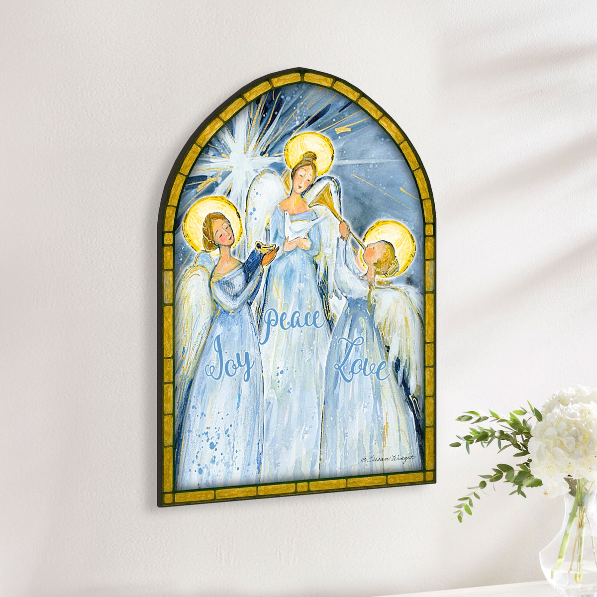 Joy, Peace & Love Angels Stained Glass Wood Door Hanger