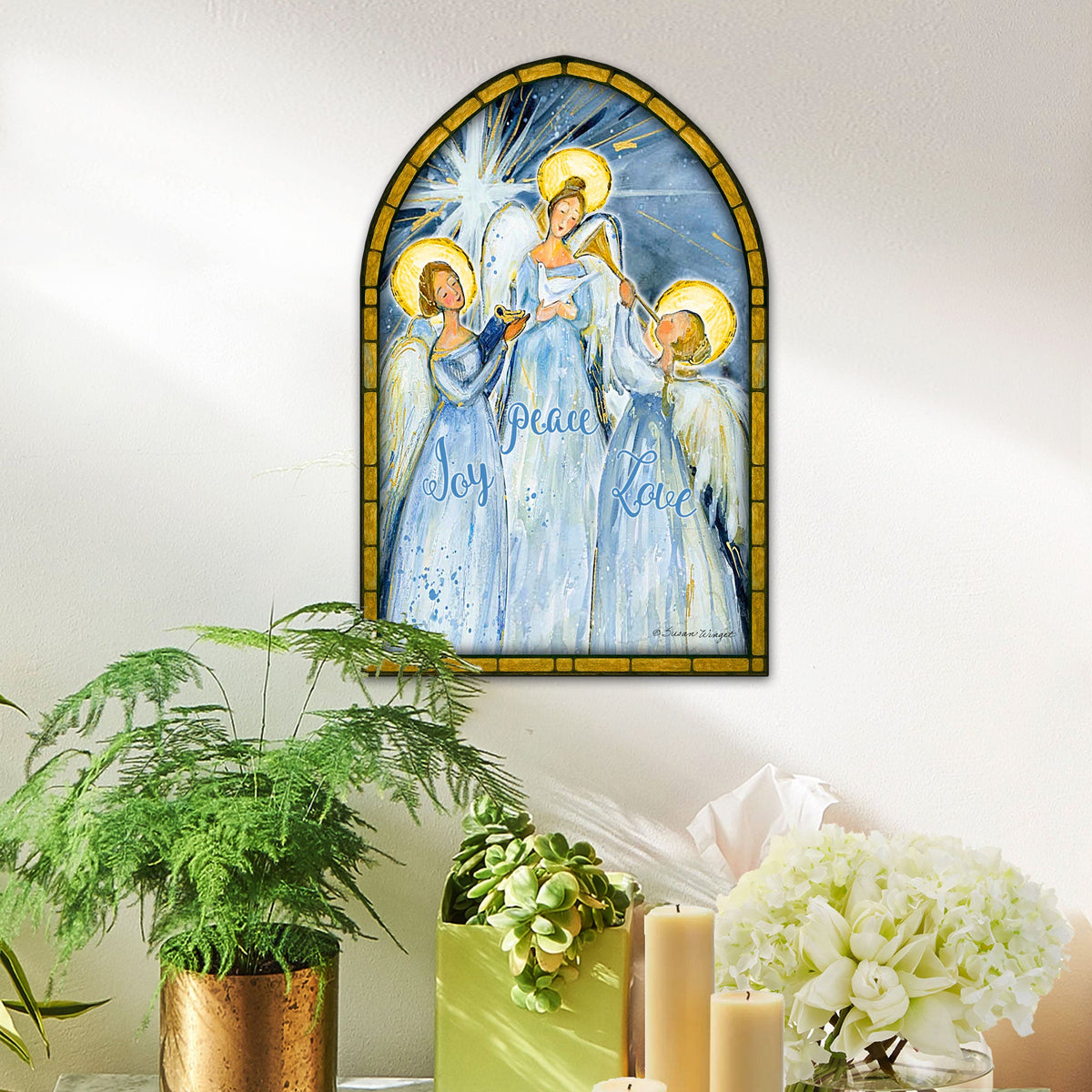 Joy, Peace & Love Angels Stained Glass Wood Door Hanger