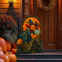 Trick or Treat Flying Witch Freestanding Outdoor Wood Sign