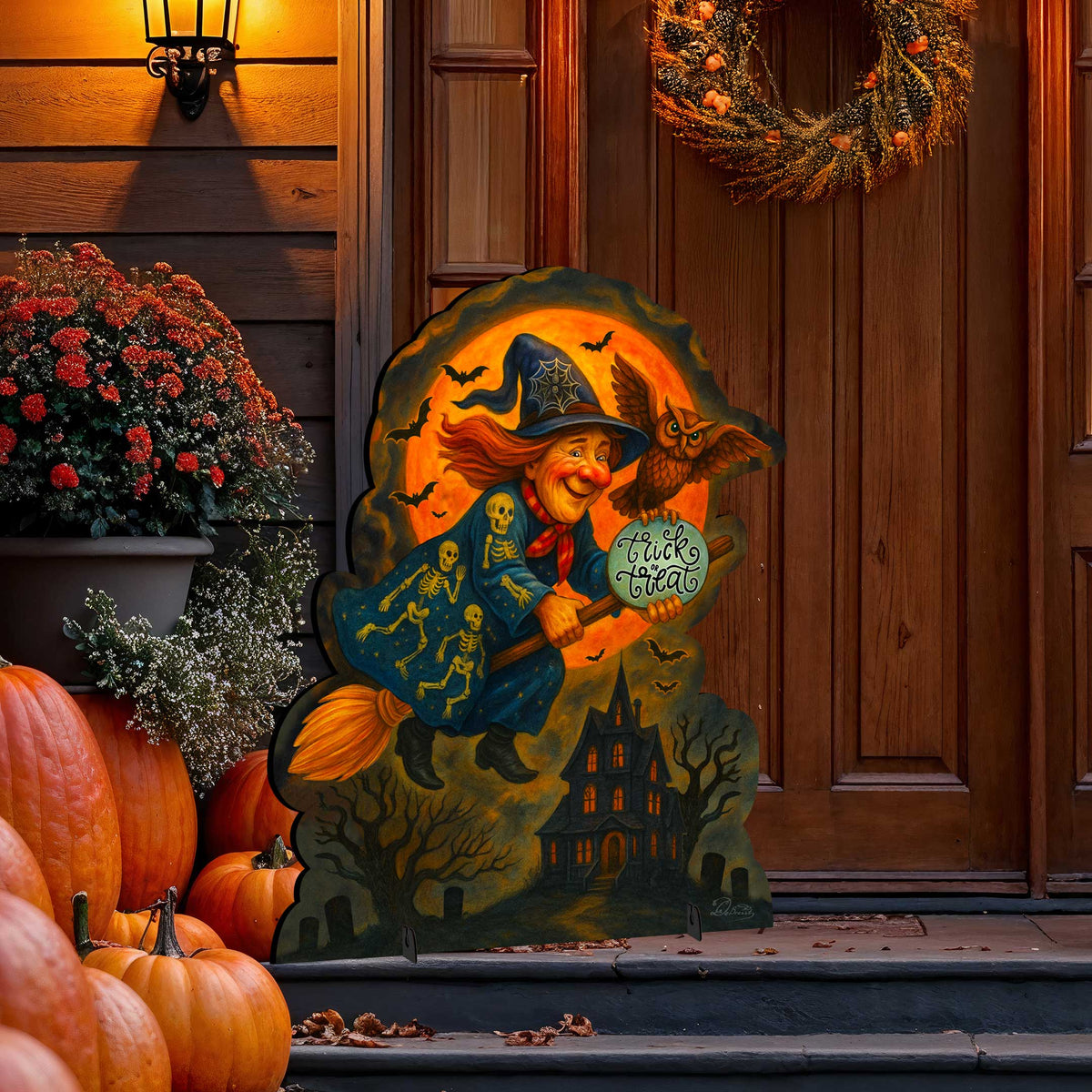 Trick or Treat Flying Witch Freestanding Outdoor Wood Sign