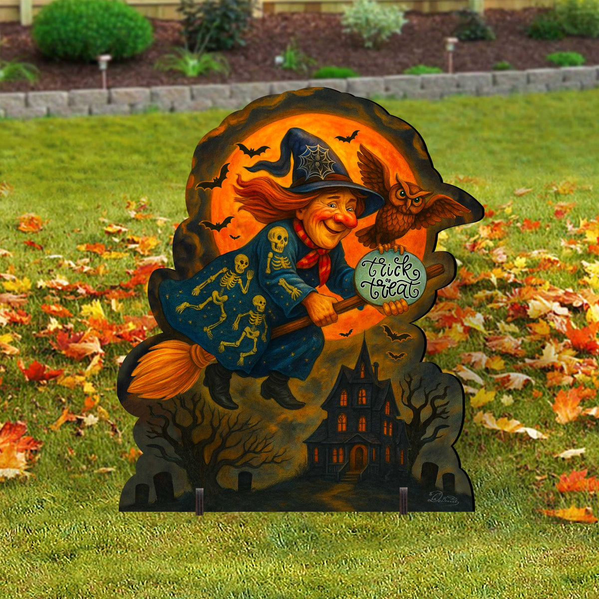 Trick or Treat Flying Witch Freestanding Outdoor Wood Sign