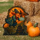 Trick or Treat Flying Witch Freestanding Outdoor Wood Sign