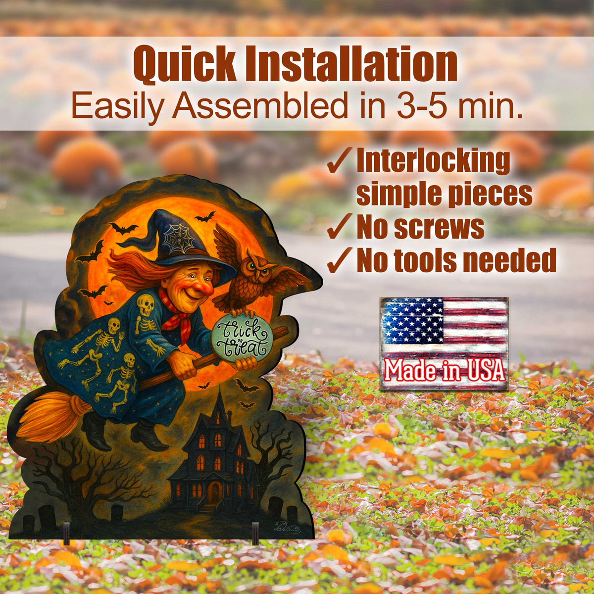 Trick or Treat Flying Witch Freestanding Outdoor Wood Sign